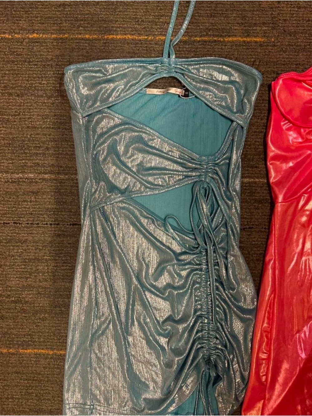 Bear Dance Shimmer Halter Mini Dress - Teal and Hot Pink - Picture 2 of 3